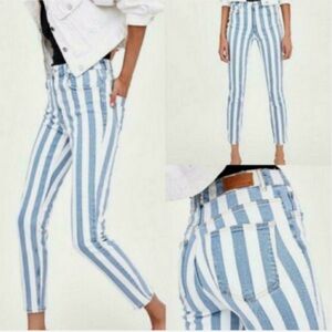 Zara Trafaluc Denim Collection Striped Skinny Jeans Mid Rise Ankle Blue White 8.